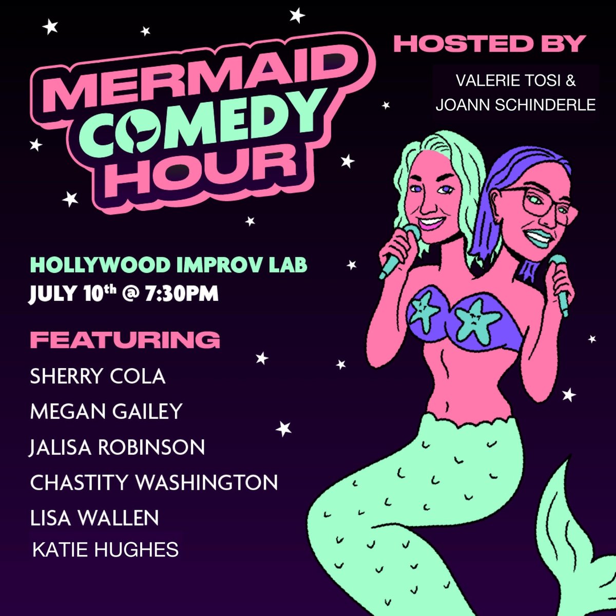 Tonight is <a href="/MermaidComedyHr/">Mermaid Comedy Hour at The Hollywood Improv 1/12!</a>  at the <a href="/HollywoodImprov/">Hollywood Improv</a>! It's a scorcher of a lineup (like, <a href="/shrrycola/">Sherry Cola</a> is going up + then running to do a q&amp;a for her movie <a href="/JoyRideMovie/">Joy Ride</a> that's in theaters right now?!) Plus <a href="/joannschinderle/">xo, jo</a> is guest co-hosting. PARTY!

🎟️: ticketweb.com/event/mermaid-…