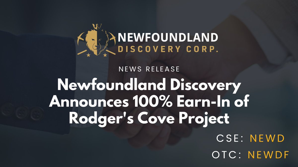 NEWDDiscovery's tweet photo. 📰 News Release: Newfoundland Discovery Announces 100% Earn-In of Rodger's Cove Project

Click to Read Full Release:  https://t.co/bxJaJvXLfb

TSX Venture: $NEWD
OTCQB: NEWDF
Frankfurt: M4K

#gold #minex #mineralexploration #mining #geology #metals #minerals #preciousmetals https://t.co/fhXd6dQEp4