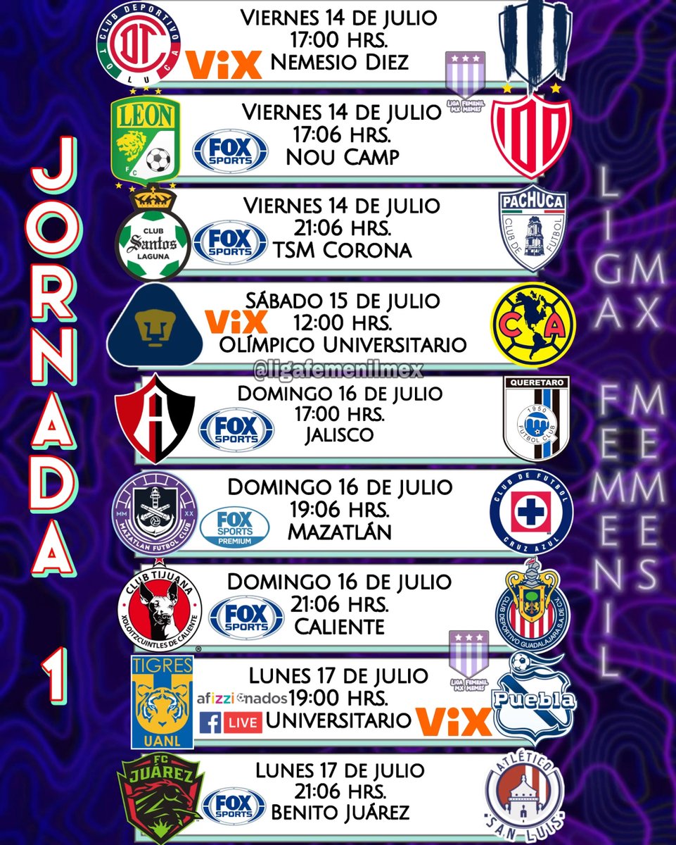 𝐏𝐎𝐑 𝐅𝐈𝐍 Les dejamos su bonito calendario para la jornada 1 🔥 Al parecer, Vix+ también retransmitirá algunos partidos de los otros equipos, tal como sucede con la varonil 🧐 *Sujeto a cambios* #LigaBBVAMXFemenil #VamosPorEllas #FútbolFemenino