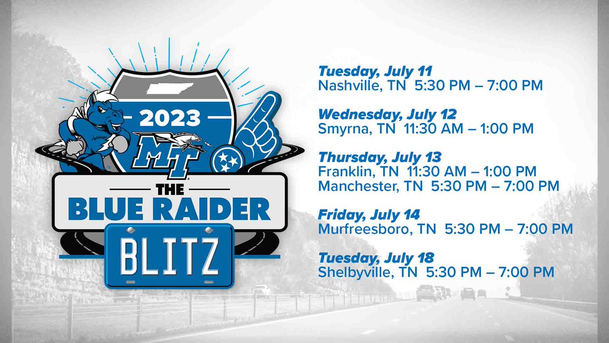 MT_Promotions's tweet photo. The Blue Raider Blitz hits the road TOMORROW! See you soon, Middle Tennessee!⚡️

RSVP: https://t.co/xD45sbEvl9
Locations: https://t.co/Edx6pPB6az https://t.co/gq1Gdevhdx