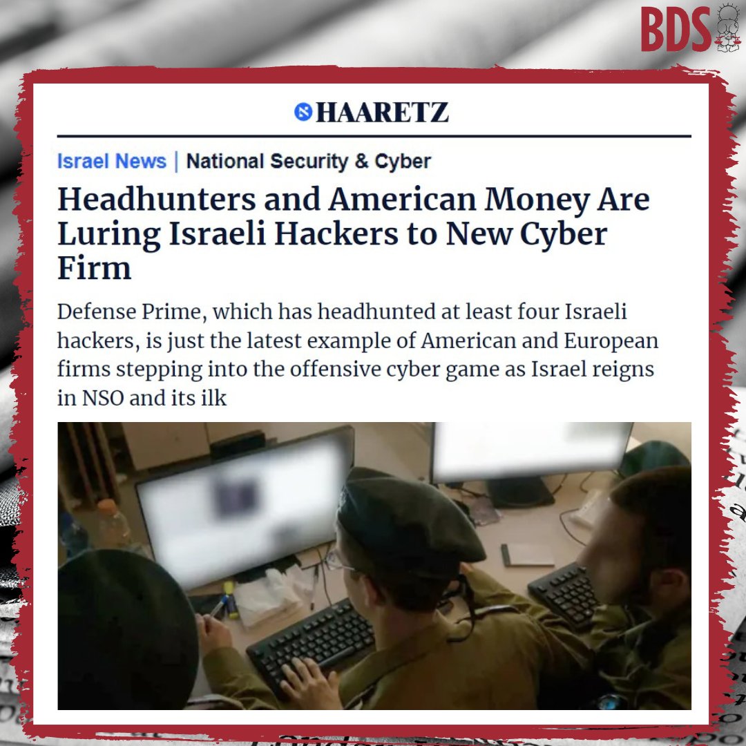 BDSmovement's tweet photo. Defense Prime is a spyware company from apartheid Israel. It is registered in the US and operates in Spain to circumvent regulation and infiltrate the US and EU, but it continues to sell illegal Israeli spyware which was tested on Palestinians. 

#BanSpyware 
#IsraelOutofmyPhone https://t.co/Fz5if7QNWi