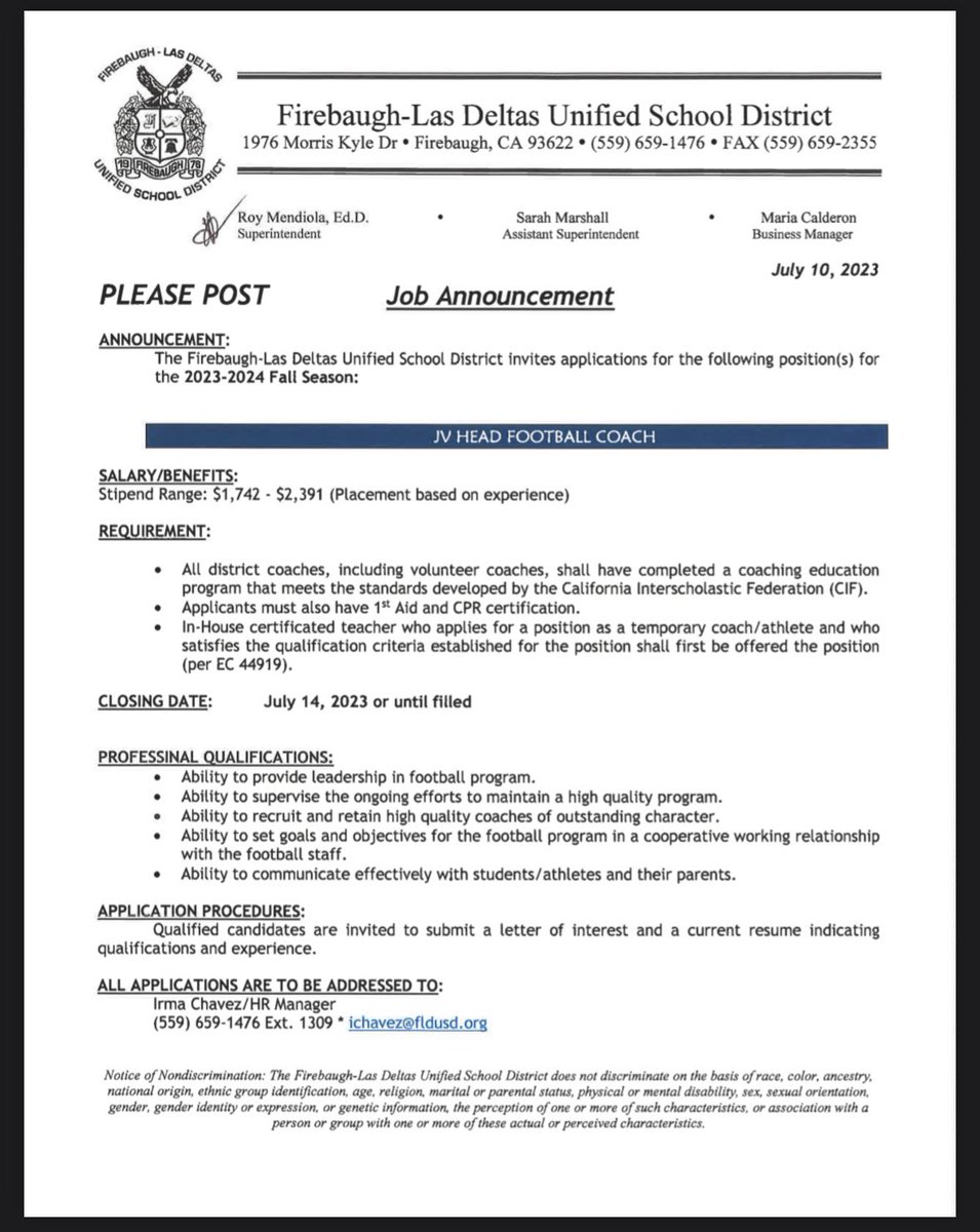 Please see the attached job posting &amp; information on how to apply below for FHS head JV football coach. 🏈