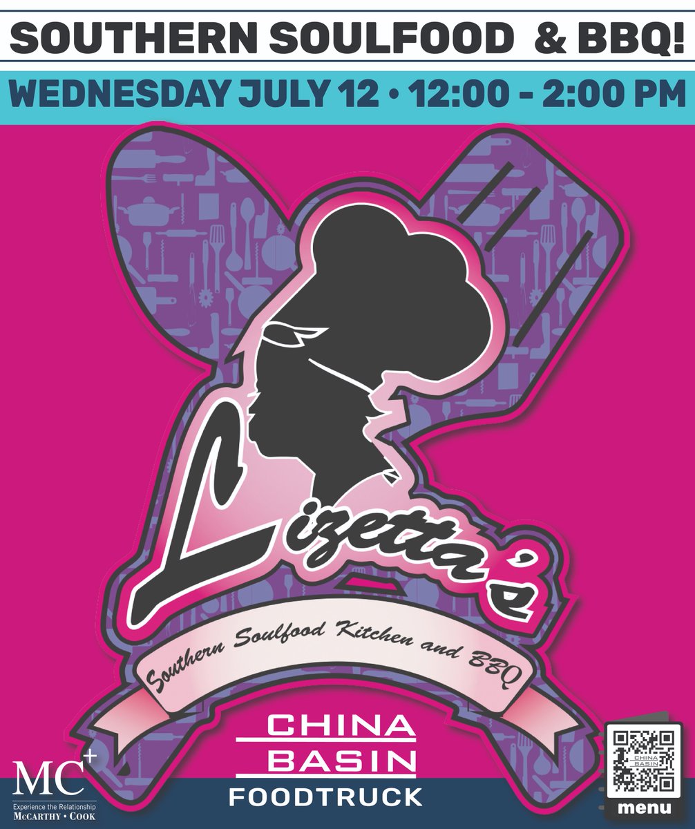 This Wednesday, we're hosting lunch with Lizetta's! Head out to the China Basin courtyard from 12-2 for some delicious soul food and barbecue.
#sfevents