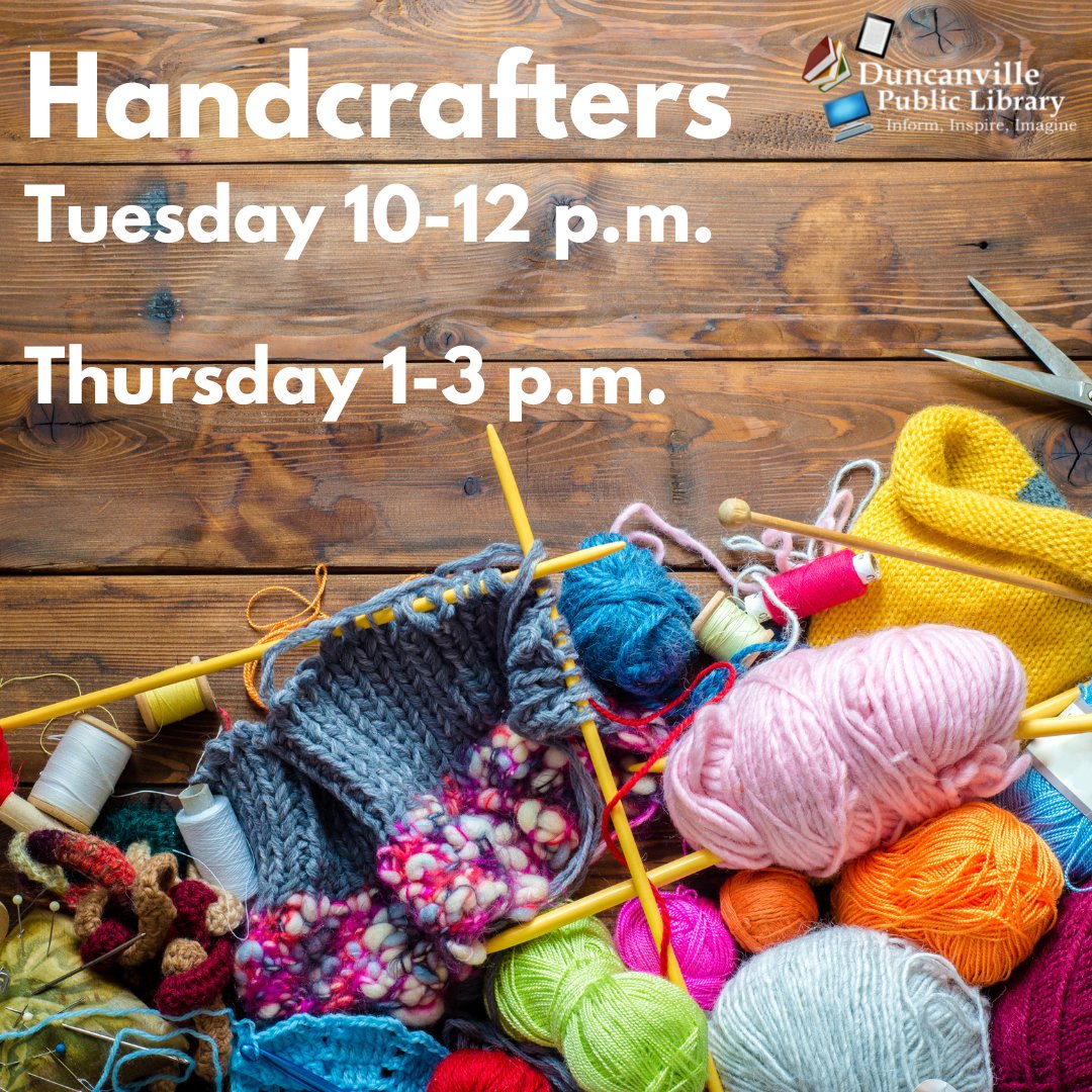 Want some company while you crochet (or cross-stitch, knit, sew, whatever)? Then come hang out with our Handcrafters group. Tuesdays at 10 a.m. & Thursdays at 1 p.m. #DuncanvillePL #DuncanvilleTX