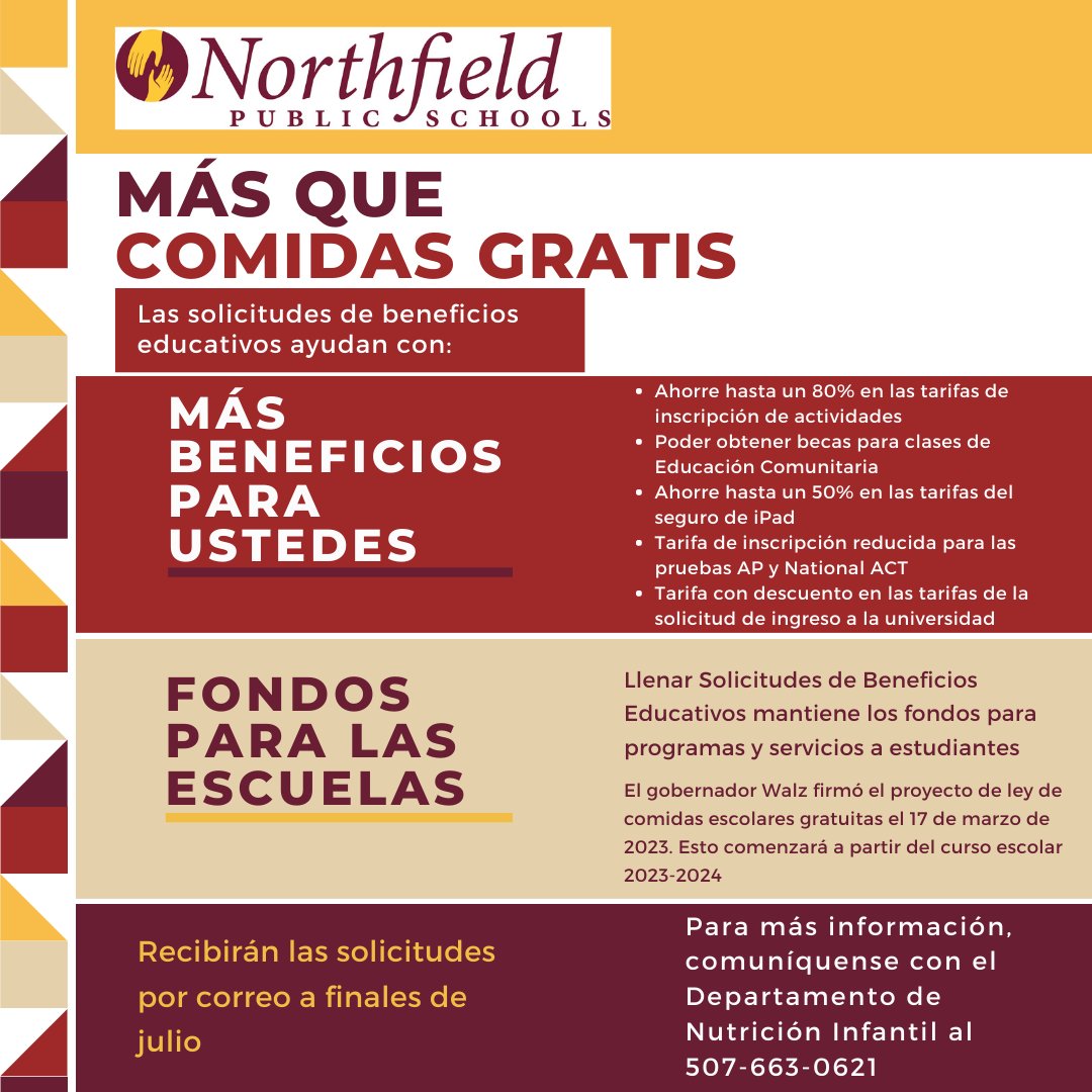 Applications for educational benefits will be coming in the mail late July. Benefits will include free meals, program discounts, school funding and more! For more information, contact the Child Nutrition Department at 507.663.0621. #nfldedu