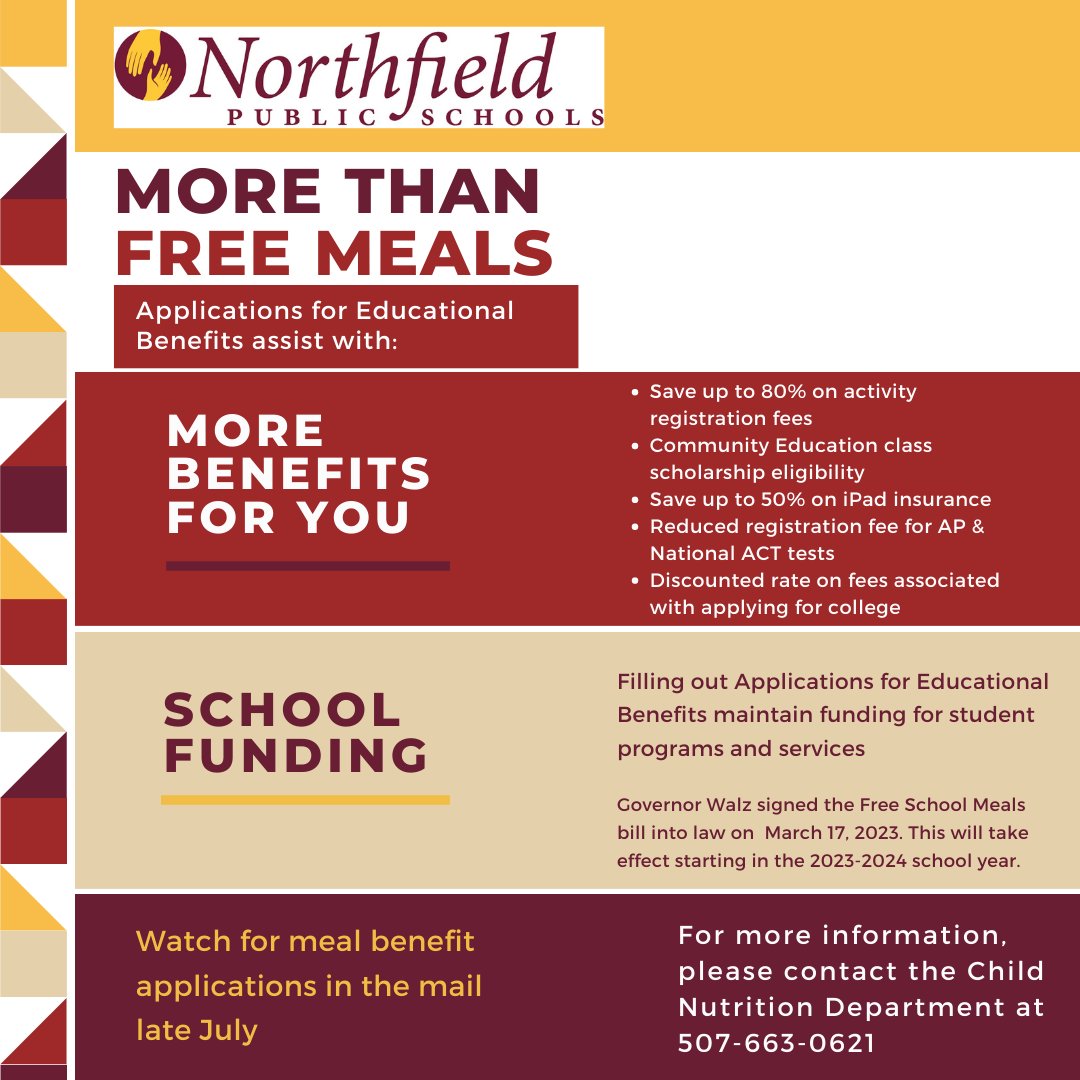 NFLDSchools's tweet photo. Applications for educational benefits will be coming in the mail late July. Benefits will include free meals, program discounts, school funding and more! For more information, contact the Child Nutrition Department at 507.663.0621. #nfldedu https://t.co/Xh3dpvf4XP