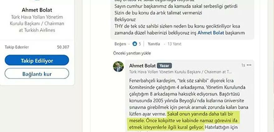 THY Yönetim Kurulu Başkanı Ahmet Bolat: "Kokpitte ve kabinde namaz görevini ifa etmek isteyenlerle ilgili kural geliyor"

Fatih Altaylı: "THY Yönetim Kurulu Başkanı Bolat, pilotların kokpitte namaz kılabilmesi için, kurallarda değişiklik yapacaklarını açıklamış. Herhalde,