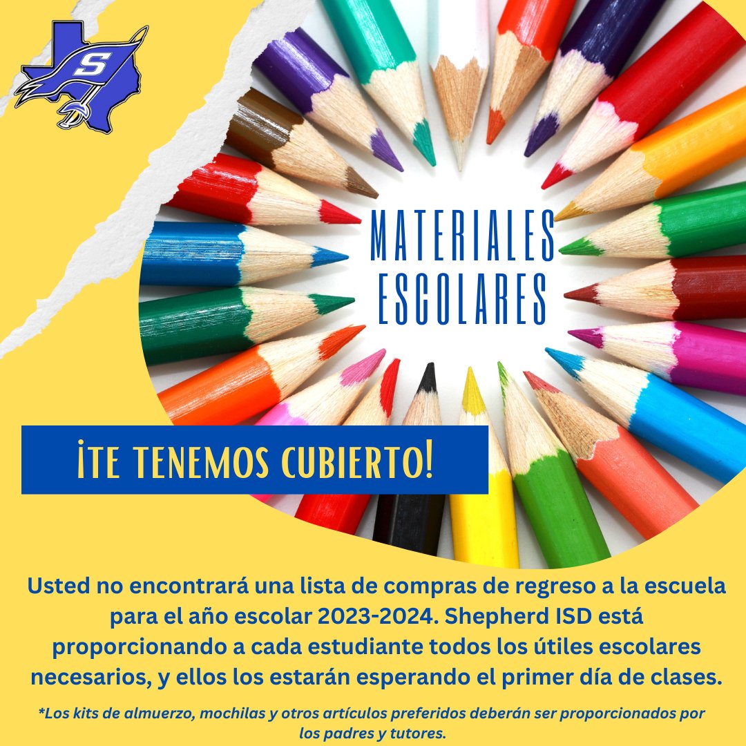 Shepherd ISD is excited to announce we will once again provide school supplies for all of our K-12 students for the 2023-2024 school year!  Parents and guardians will only be responsible for their student's backpack and other preferred items like lunch kits.