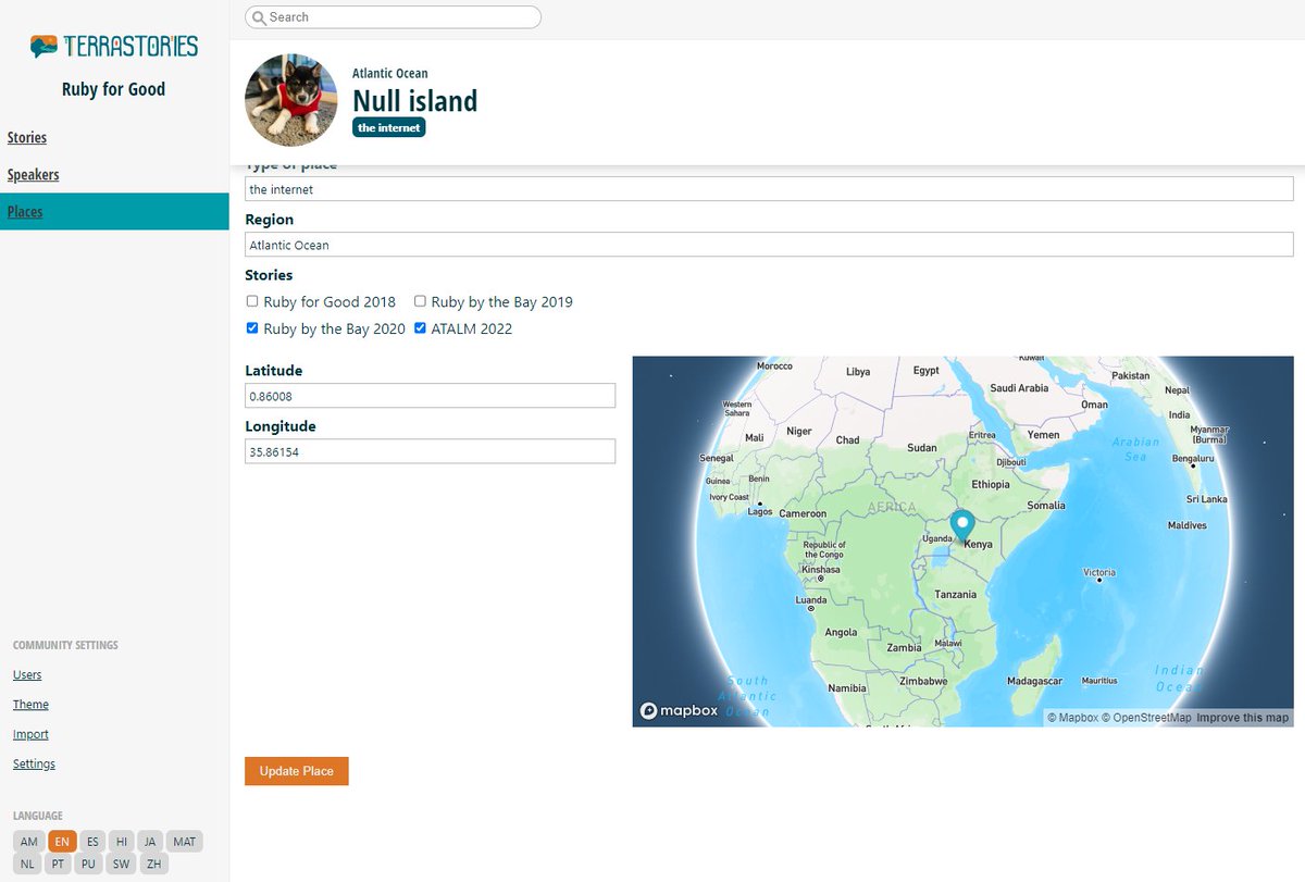 A most wanted <a href="/TerrastoriesApp/">Terrastories</a> feature has finally been built 🎉

It is now possible to add latitude and longitude coordinates for a Place by interacting with a map! 📍🌎

This works in both online and offline hosting environments, and is already live on our server 🙂