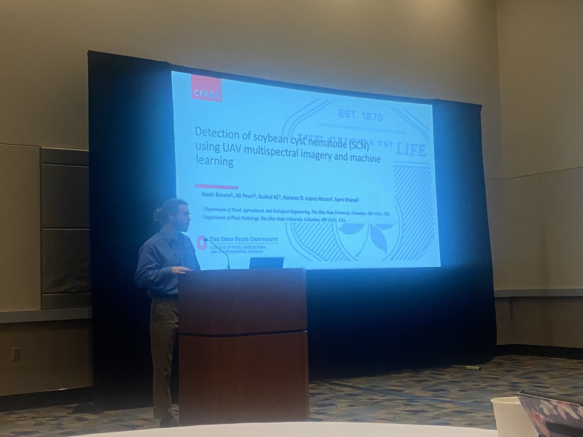 Our FABE student, Noah Bevers, presented his work on understanding the spectral properties of soybean cyst nematodes using UAS #ASABE AIM 2023 #Ohiostate #FABE # AgSensing lab