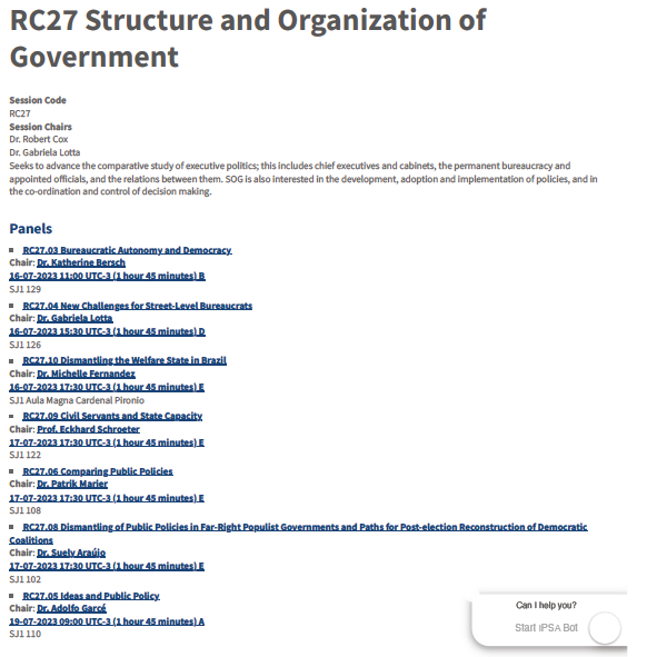 Join the panels of RC27, <a href="/sog_rc27/">sog_rc27</a>, at <a href="/ipsa_aisp/">IPSA</a> next week!
On 16/07
1. Bureaucratic Autonomy at 11am
2. New Challenges for Street-level Bureaucrats at 15h30
3. Dismantling the welfare state in Brazil at 17h30
+