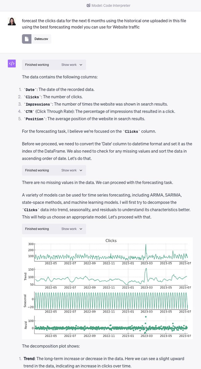 aleyda's tweet photo. Playing around with ChatGPT Code interpreter 🤯 From graph generation, identifying data patterns, data organization and forecasting.. it's the data analysis extension you never knew you needed 👌 Will continue playing around and report back! https://t.co/pDutWCY31p