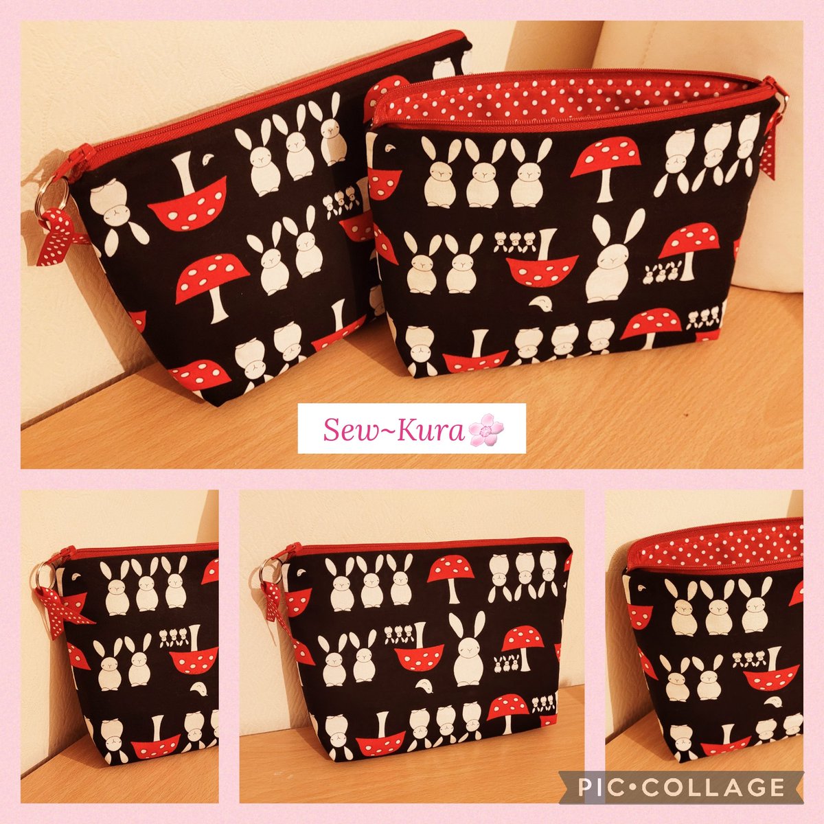 SewKura's tweet photo. Hello🌸Toadstool and Bunnies Pouches in Black, red &amp; white with coordinating polka dot lining fabric. Other sizes or fabrics are available on request 🥰 #pouch #toadstool #polkadots #sewkura https://t.co/D0lKvRvKZr