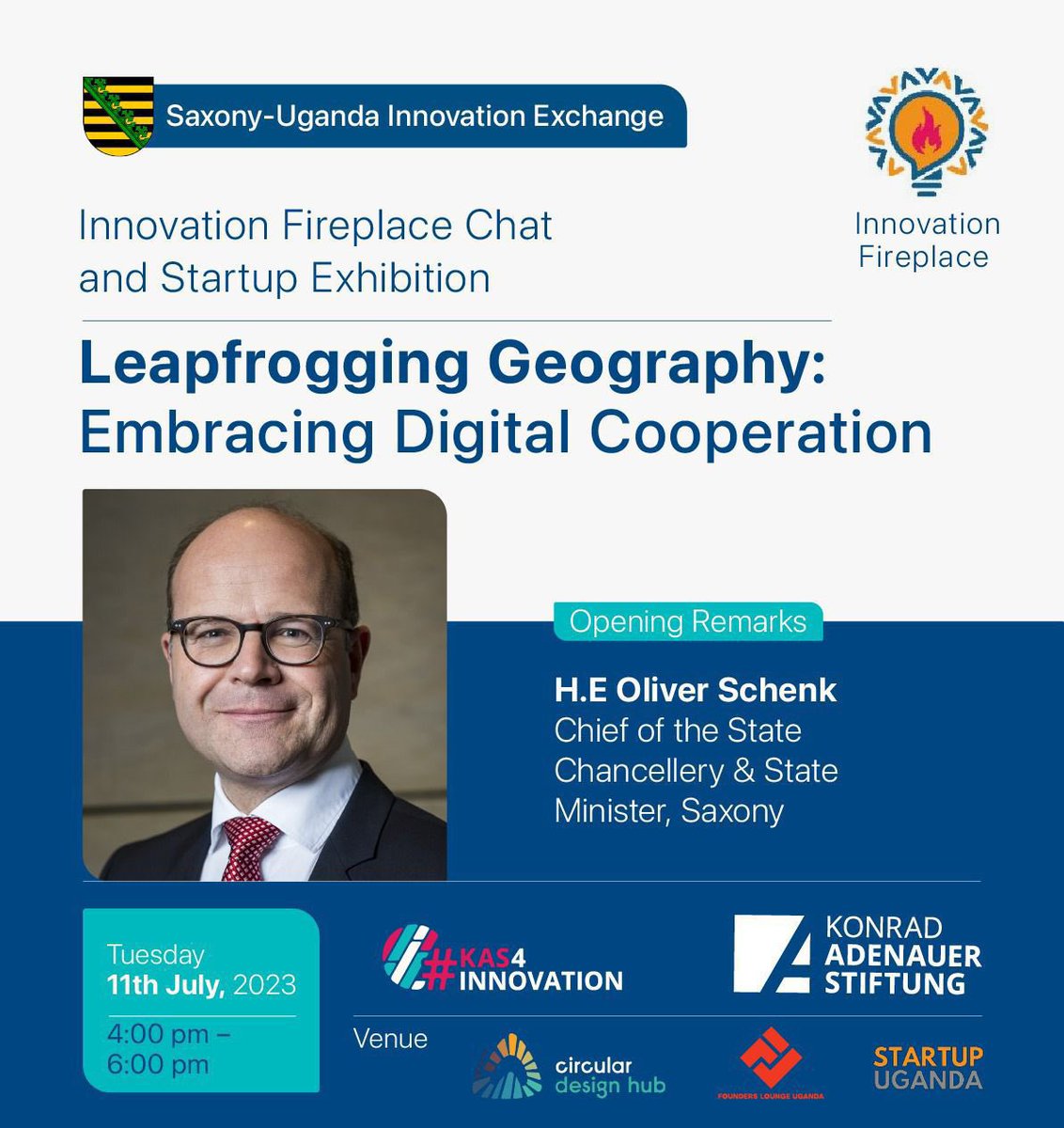 Saxony-Uganda Innovation Exchange.
Innovation Fireplace Chat and Startup Exhibition:

Embracing Digital Cooperation

Tue 11th July, 2023
4:00 PM - 6:00 PM
📍Circular Design Hub

#KAS4Innovation