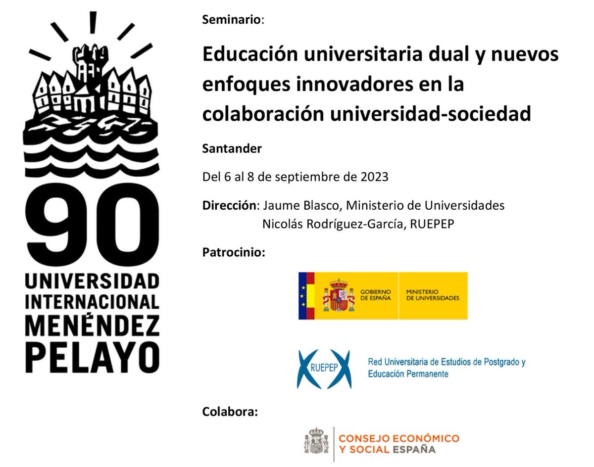 🔆 Orgullo y responsabilidad por trabajo con <a href="/UniversidadGob/">Ministerio de Universidades</a> <a href="/CESEspana/">Consejo Económico y Social de España</a> y <a href="/RUEPEP/">RUEPEP</a> en codirección Curso Verano <a href="/UIMP/">UIMP</a> “EDUCACIÓN UNIVERSITARIA DUAL y nuevos enfoques innovadores en la colaboración universidad-sociedad” (6-8 septiembre 2023). Matricúlate uimp.es/agenda-link.ht…