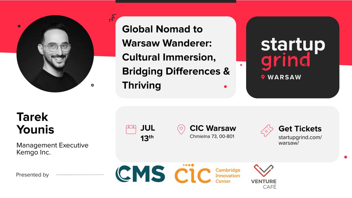 Global Nomad to Warsaw Wanderer: Cultural Immersion, Bridging Differences &amp; Thriving
On July 13th, <a href="/piraiee/">Piraiee</a> will chat with <a href="/motarekyo/">Tarek Younis</a> about his journey across five continents. We explore Warsaw from his perspective and try to see the city from his lens. startupgrind.com/events/details…