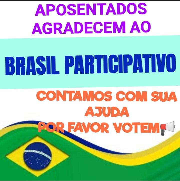 <a href="/Jo03090601/">Joana</a> "Votar na pauta dos aposentados no Brasil Participativo é uma forma de expressar solidariedade e justiça social.
Já votei e você? Corre para votar
brasilparticipativo.presidencia.gov.br/processes/prog…
👆👆
#GovBrJa"
Vvidjjh