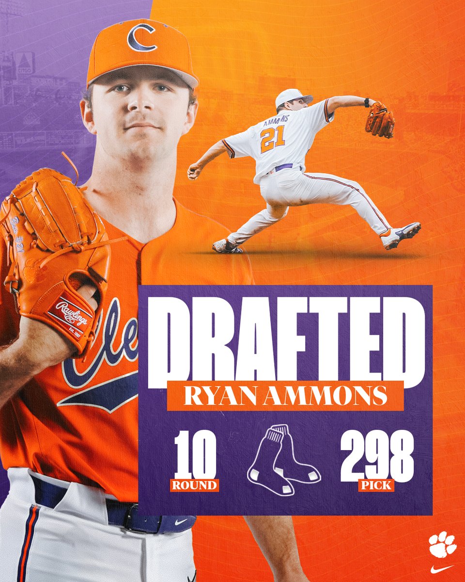 Congrats, @Ryanammons21❗️ 👏 ⚾️ The junior LHP was drafted in the 10th round (No. 298 overall) by @RedSox❗️ #ClemsonFamily 🐾 🐅 #MLBDraft @MLB