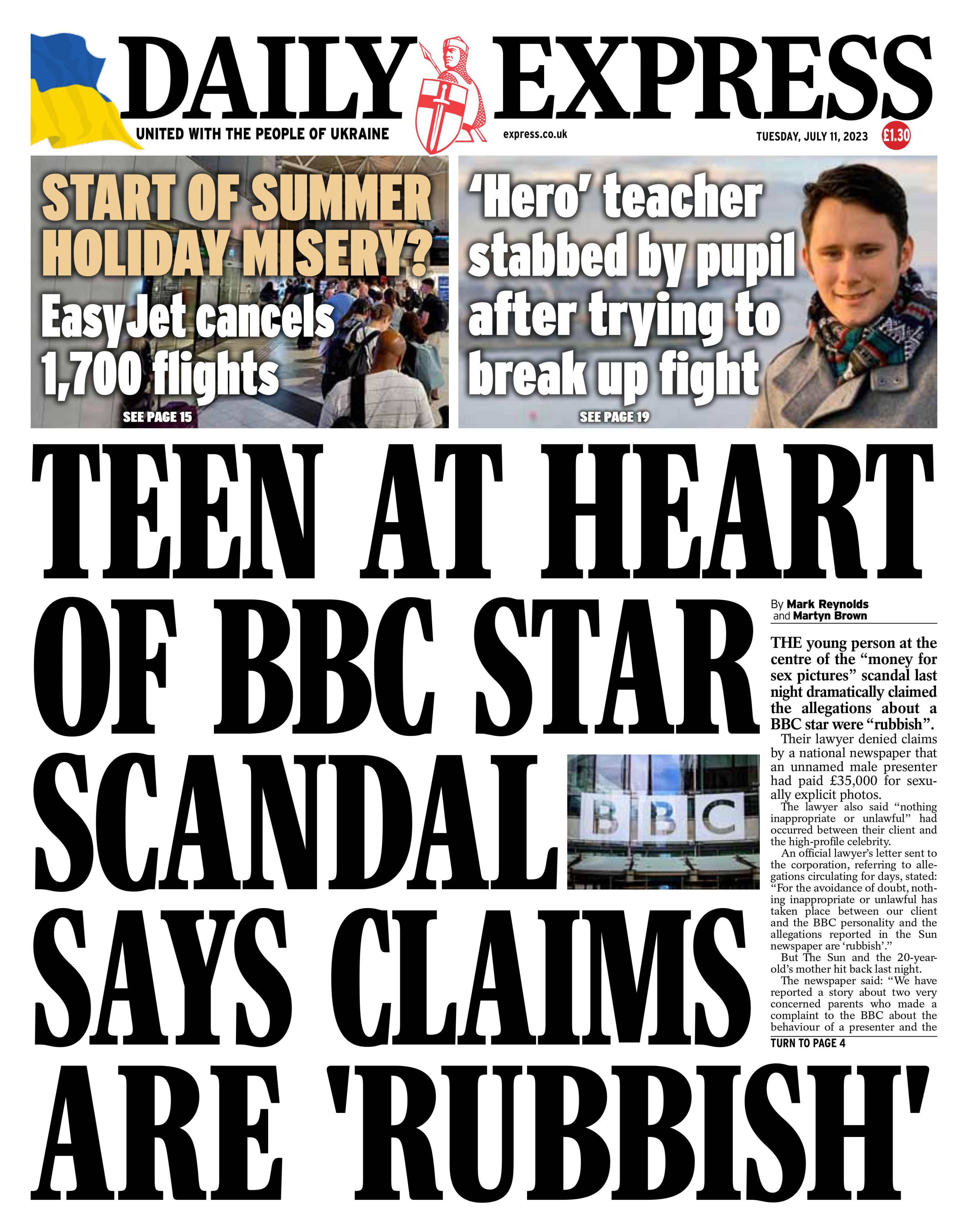 Daily Express Front Page: Teen At Heart Of BBC Star Scandal Says Claims Are 'Rubbish' 