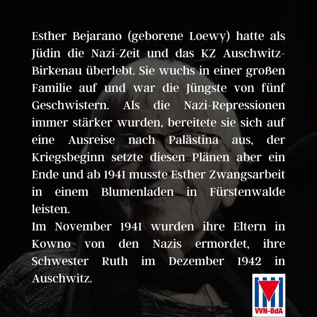 VVNBdAFfm's tweet photo. #EstherBejarano: Wir erinnern heute an unsere ehemalige Ehrenpräsidentin Esther Bejarano, die heute vor zwei Jahren gestorben ist.
Wir denken heute an sie & werden ihren Kampf weiterführen.
#KeinVergessen #Antifaschistin #RestInPower #Esther #Bejarano #VVNBdA #MicrophoneMafia https://t.co/F51F4z9TdD