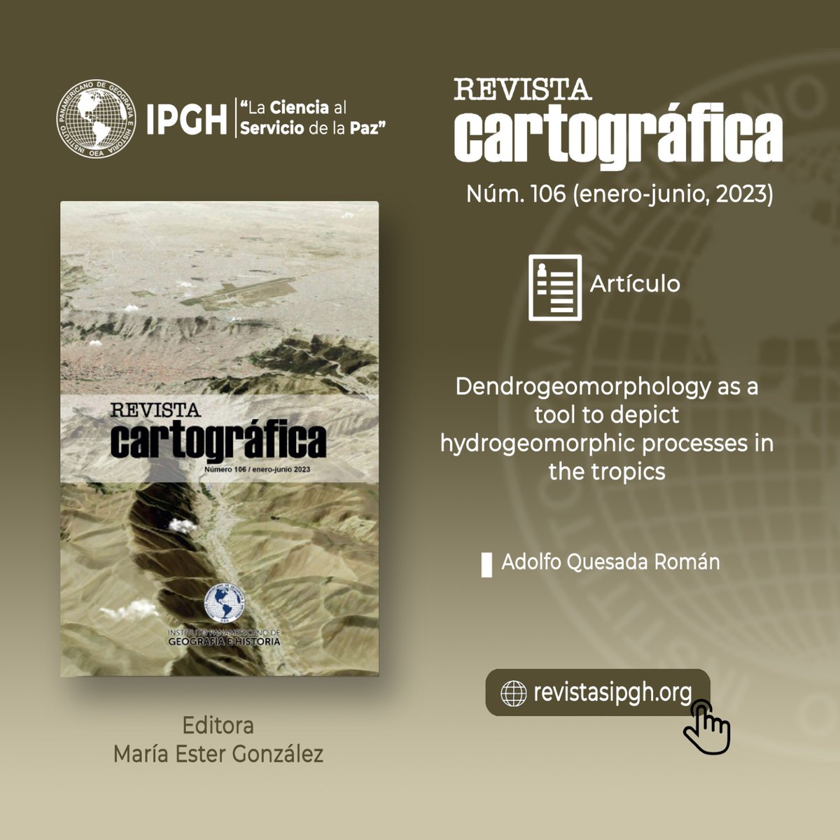 IPGH_PAIGH's tweet photo. 📢La Revista Cartográfica del #IPGH

Presenta en su número 106 el artículo, "Dendrogeomorphology as a tool to depict hydrogeomorphic processes in the tropics", de Adolfo Quesada Roman.📖

Donde abarca las temáticas de cambios climáticos y antropogénicos que contribuyen a la degradación de diferentes ecosistemas en Costa Rica. 🍃🌎
.
.
.
👉Revista digital: https://t.co/BWkQZ48V4U