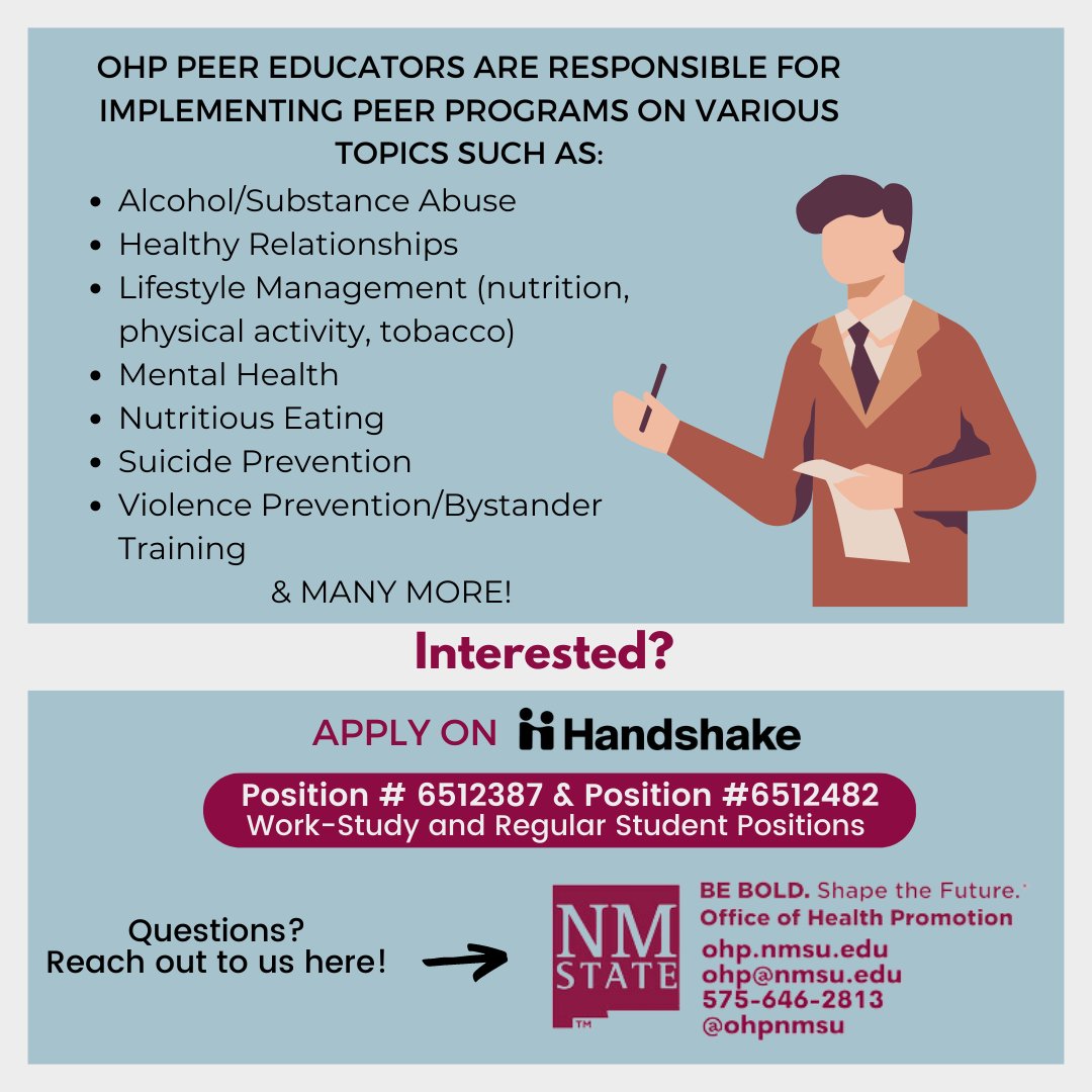 OHPNMSU's tweet photo. Aggies!🎉

OHP is Hiring! Interested in working with us as a Peer Educator? Apply on Handshake (Work-Study or Regular Student Employee). Position ID #6512387 &amp; #6512482 😊

Any questions, check out our contact info on the second slide. 

#nmsu #NMSUOHP https://t.co/rMX8lTtNqk