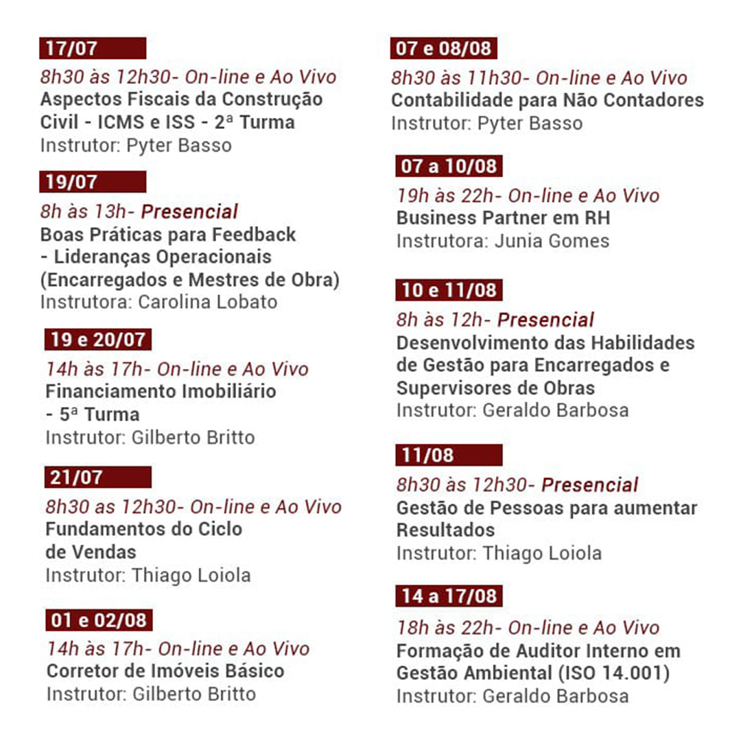 Sinduscon_MG's tweet photo. Você já acessou a programação de cursos do Centro de Treinamento do Sinduscon-MG?

Visite o site https://t.co/ozAd5hAD3K e confira os temas, ementas e instrutores que ministrarão as capacitações. Basta clicar em cada curso para saber mais informações! https://t.co/TYWMvlif5s