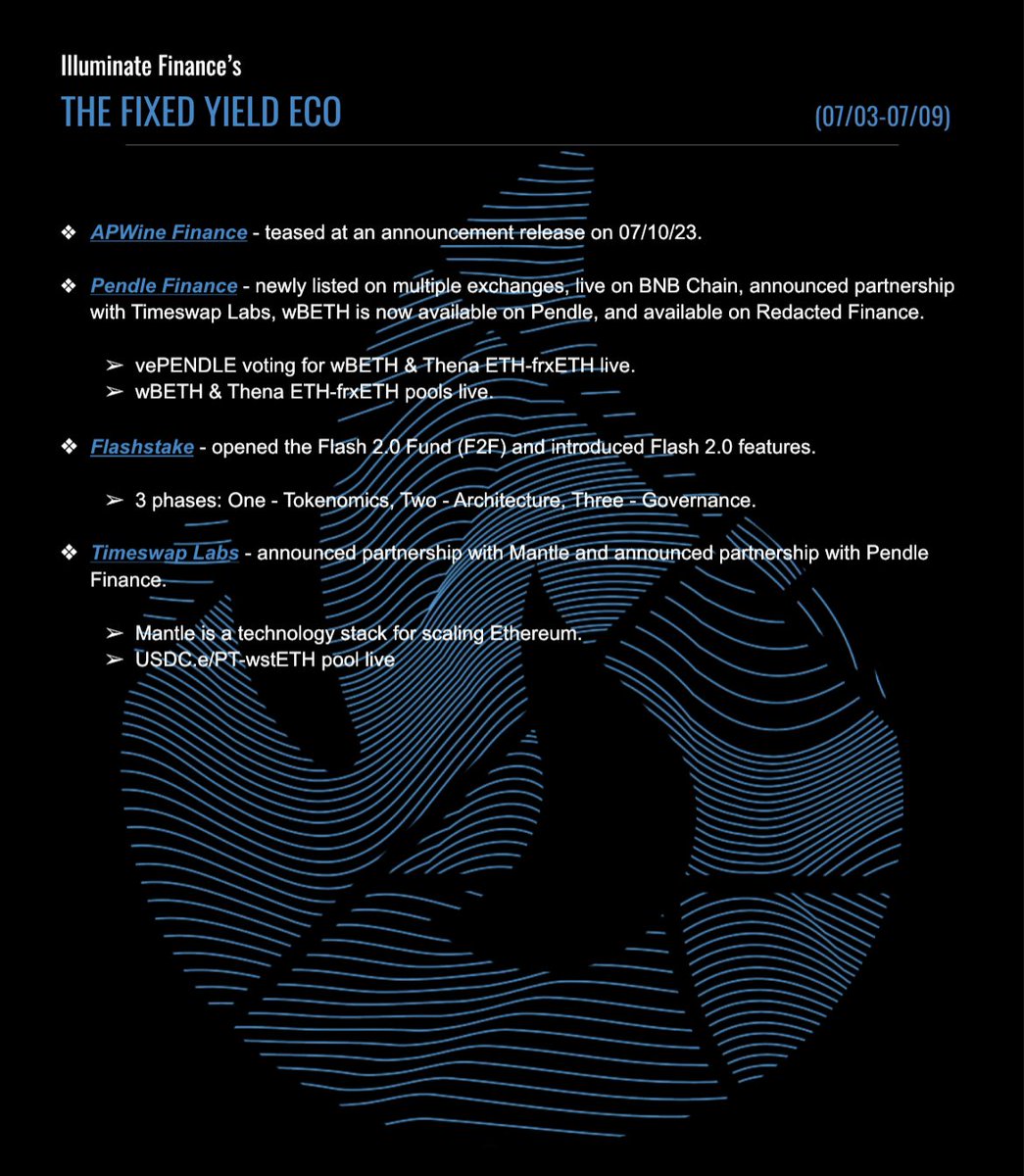 IlluminateFi's tweet photo. 💠Illuminate's 9th Edition of The Fixed Yield Eco newsletter💠

This week features @APWineFinance, @pendle_fi, @Flashstake, &amp; @TimeswapLabs 🛂

The latest updates on the fixed yield space🆕 https://t.co/MaQDin5ILd