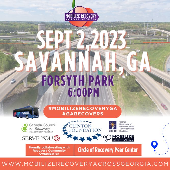 MRAGABUSTOUR's tweet photo. The Mobilize Recovery Across Georgia #GARecovers bus tour will be Savannah. The “Hostess City of the South” will show Georgia that “Recovery is Real” on September 2 at 6:00 PM in Forsyth Park.

Join us and let’s show Georgia that “Recovery is Real.”

@MayorJohnsonSAV #gapol https://t.co/15nU0QsPfV