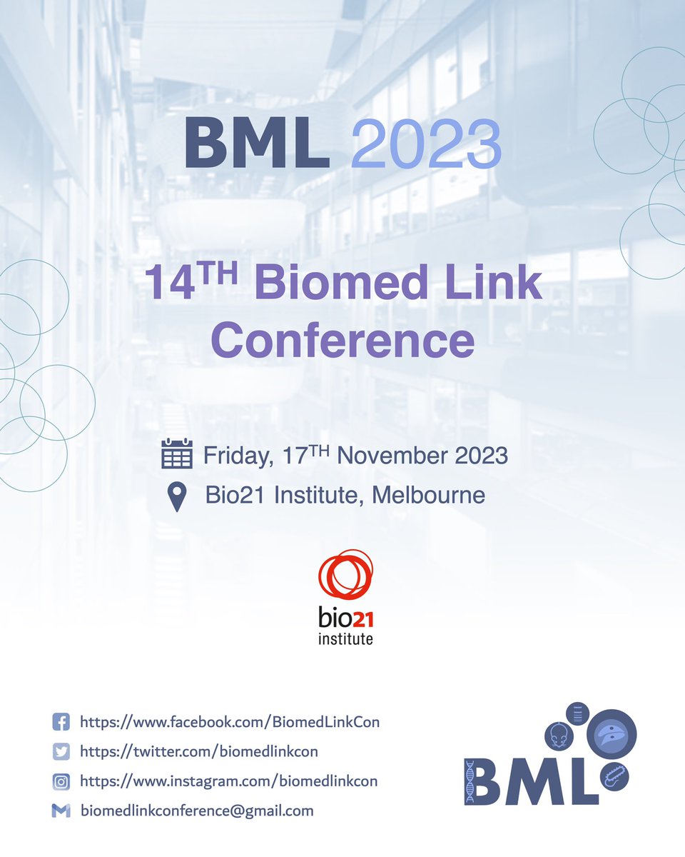 📢SAVE THE DATE

BML is back for 2023!
A conference for biomedical research students, run by students. 

BML23 will be held in person
📆 Friday, 17th November
📍 Bio21 Institute

🎉Free registration

Abstract submission will open soon, so be sure to follow us to keep up to date!