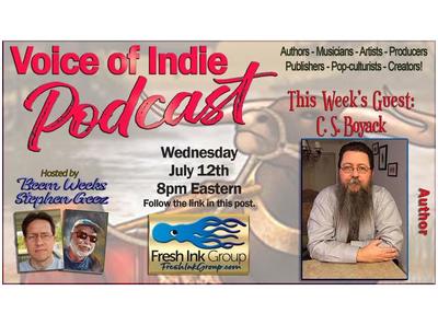 VoiceOfIndie's tweet photo. C. S. Boyack @Virgilante VOICE OF INDIE #Podcast @FreshInkGroup hosts @StephenGeez @BeemWeeks July 12, 2023, 8PM EST https://t.co/N7tYJw6Fsd #IARTG #ASMSG #bookover #scifi #sciencefiction #fantasy #paranormal #paranormalbook #fiction #fictionbook #book #bookboost b @VoiceOfIndie https://t.co/gDzbe7KKIx