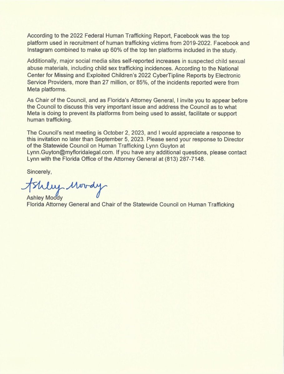 stclairashley's tweet photo. WOW

Florida’s Attorney General is calling for Mark  Zuckerberg to speak to the Statewide Council on Human Trafficking regarding Meta platforms being used most frequently to “assist, facilitate or support human trafficking.”

According to their survey “146 of the 271 reported instances of social media platform use in human trafficking were attributable to Meta platforms (lnstagram, Facebook, WhatsApp and Facebook Messenger)… more than 53% of the reported instances involved.”

“According to the National Center for Missing and Exploited Children's 2022 CyberTipline Reports by Electronic Service Providers, more than 27 million, or 85%, of the incidents reported were from Meta platforms.”

Full story from @AmberJoCooper here: https://t.co/ACFfh3us9W