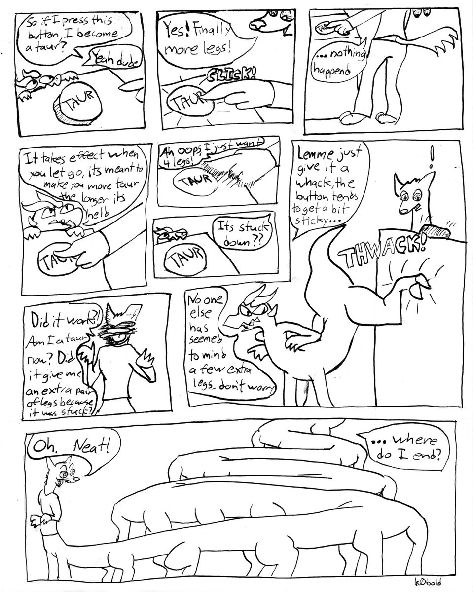 kob0ld's tweet photo. Ah, the TAUR button. It's a bit suspicious that there are no signs telling you to not hold it down, so it probably works better if you do, right?

A little comic to get into practice with them again, and more g-pen practice. https://t.co/Wu1BZQeNKC