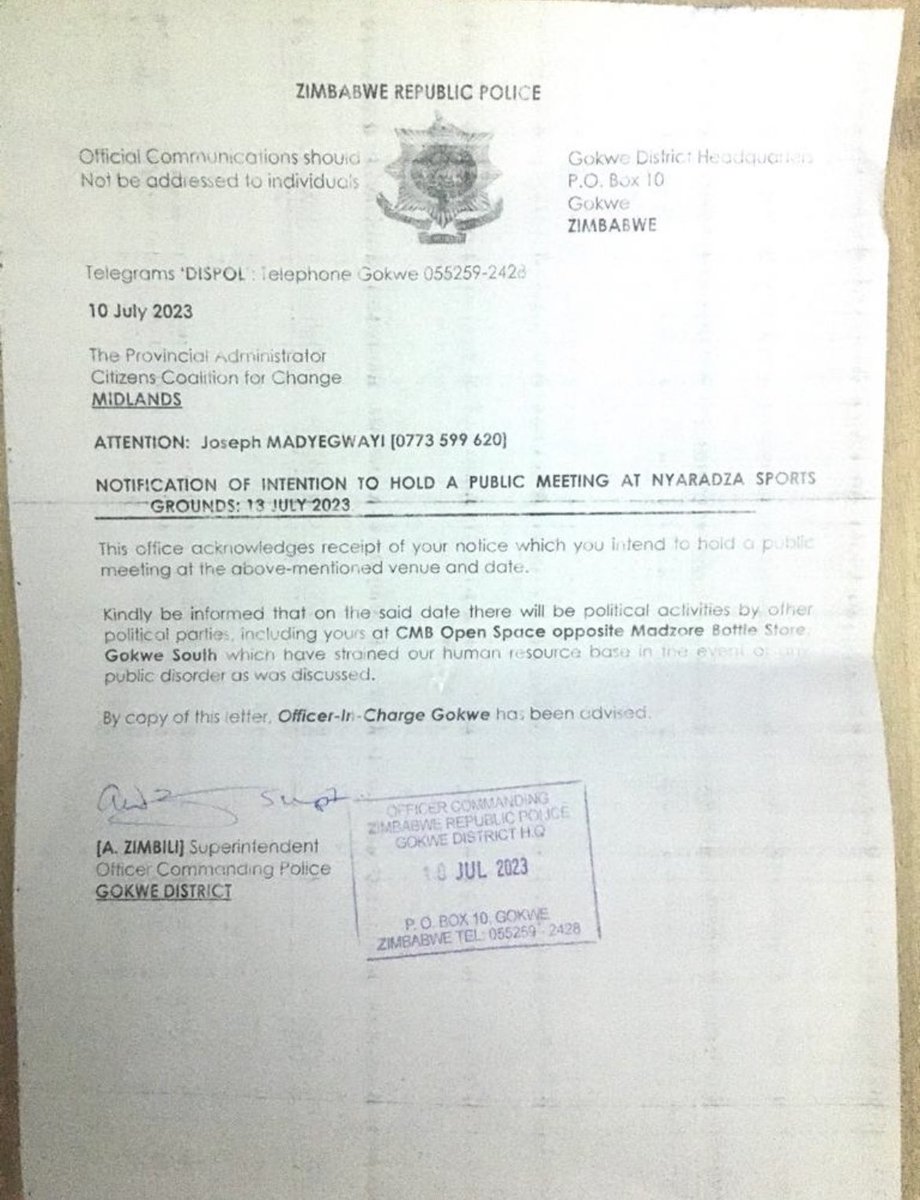 advocatemahere's tweet photo. 🟡Our Gokwe South rally has been banned by @PoliceZimbabwe because Zanu PF is scared of @CCCZimbabwe!

6 rallies banned over a one week period. 

Chivi
Chiredzi Central
Chikombedzi
Mazowe Central
Bindura
Gokwe South

Zanu PF can never win a free &amp; fair election in Zimbabwe! https://t.co/UQyGDjJD8Y