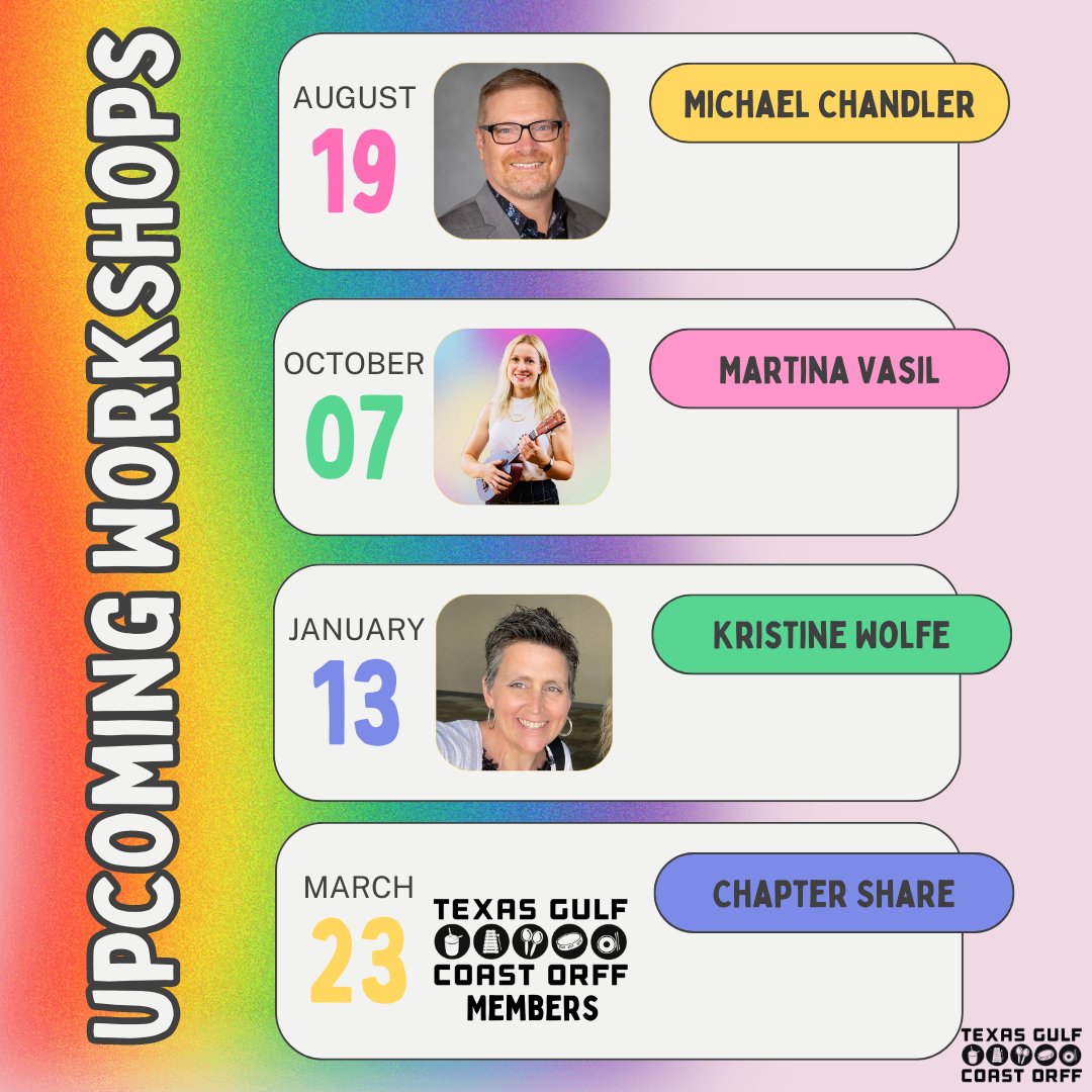 We've got an insightful and exciting group of clinicians lined up this year! #SaveTheDates #ProfessionalDevelopment #OrffSchulwerk #TexasGulfCoastOrff
