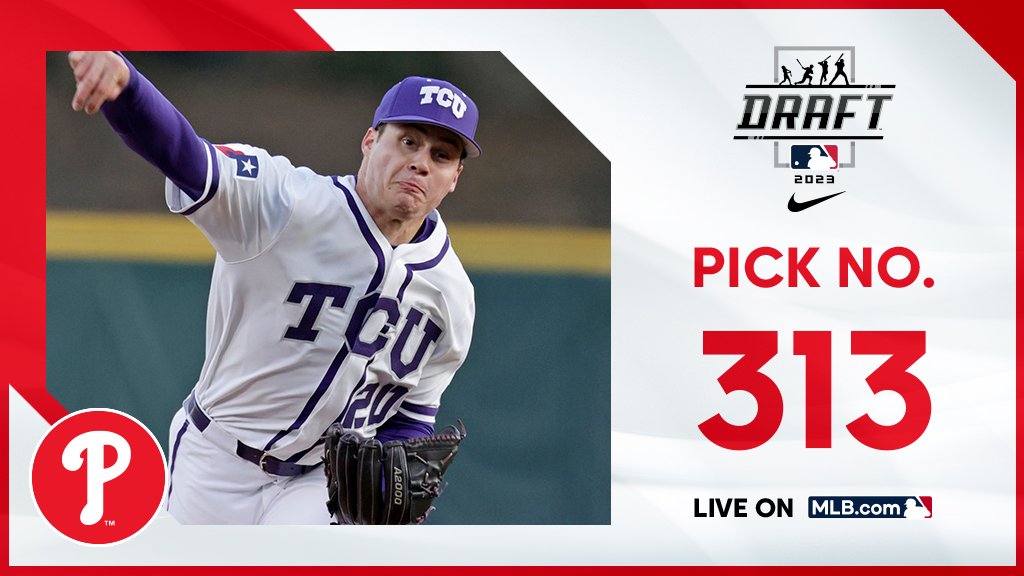 With the 313th pick, the <a href="/Phillies/">Philadelphia Phillies</a> select <a href="/TCU_Baseball/">TCU Baseball</a> right-handed pitcher Cam Brown, No. 191 on the Top 250 Draft Prospects list.