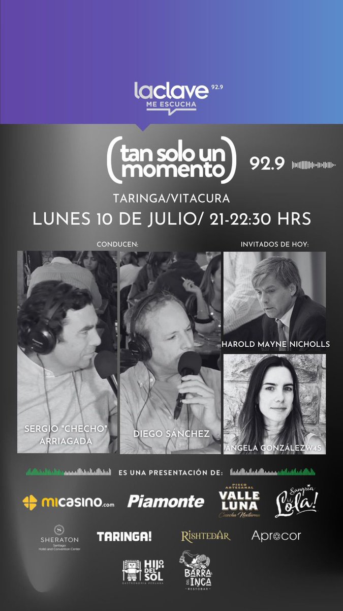Hoy a las 21 horas "Tan solo un Momento" con <a href="/DiegoSanchezJ/">Diego Sanchez J.</a> y <a href="/chechoapes/">Sergio Arriagada</a> desde el Taringa de Vitacura. Lunes presencial junto a <a href="/MayneNicholls/">HaroldMayne-Nicholls</a> y <a href="/Women4Sports_/">Women4Sports</a>