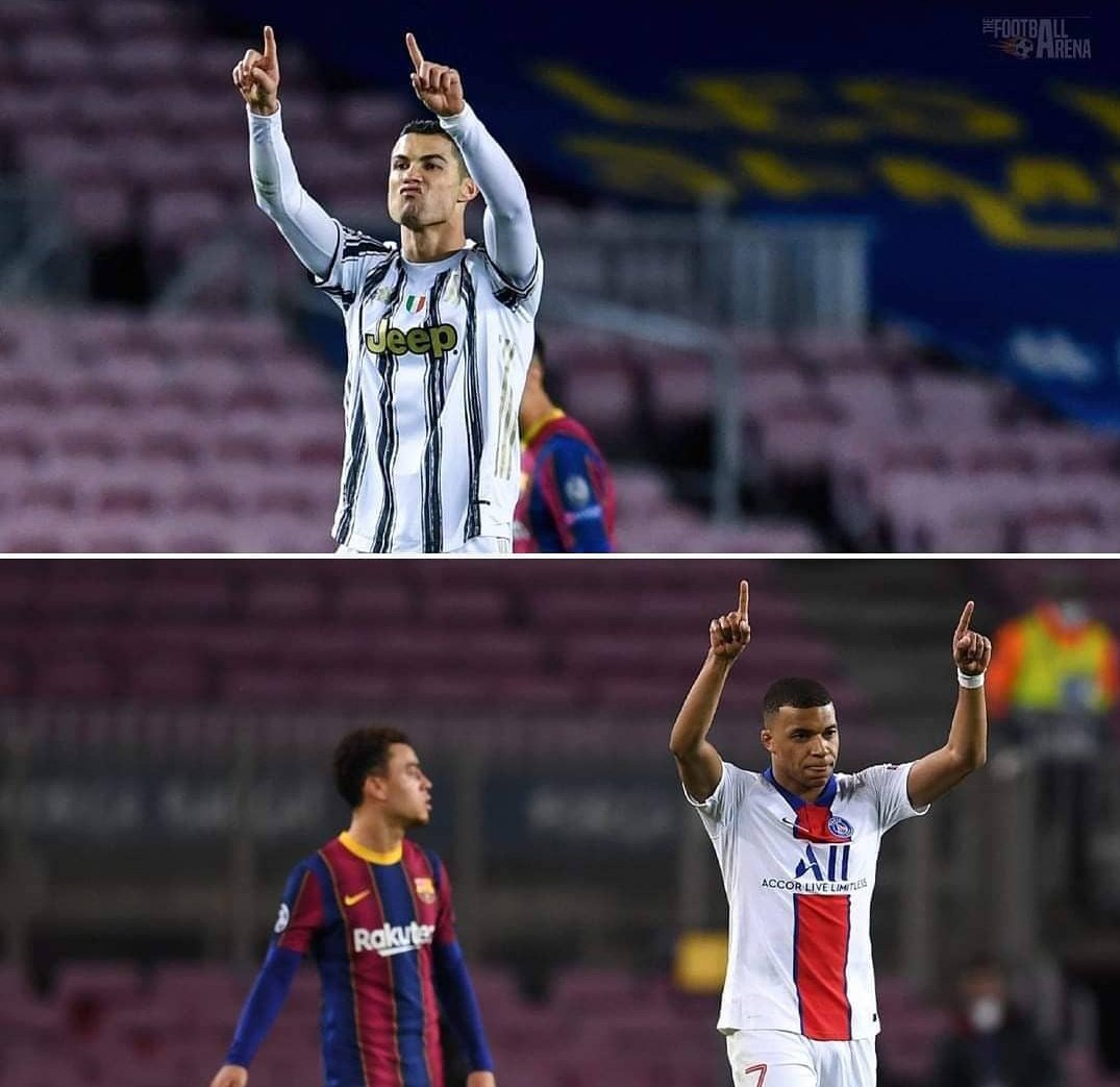 KMbappeRM's tweet photo. Kylian Mbappe &amp; Cristiano Ronaldo destroying Barcelona at Camp Nou 🤝🔥 https://t.co/mEjne4gdUK