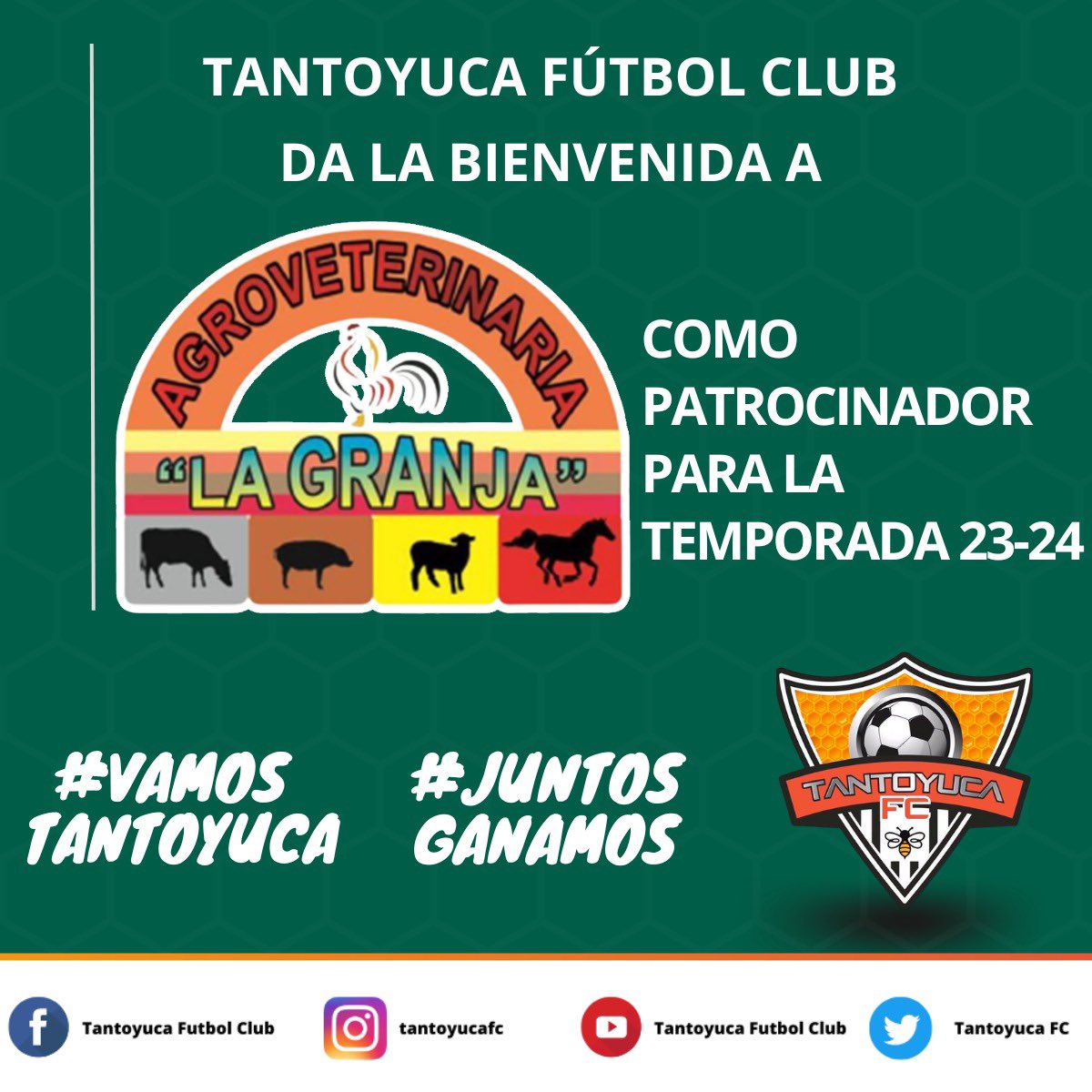 Bienvenidos a nuestra temporada 23/24 Agroveterinaria "La Granja" Tantoyuca 

Orgulloso Patrocinador de nuestro 
Tantoyuca Fútbol Club ⚽️🐝🤝🔝

Liga TDP MX #JuntosGanamos 👍🫂