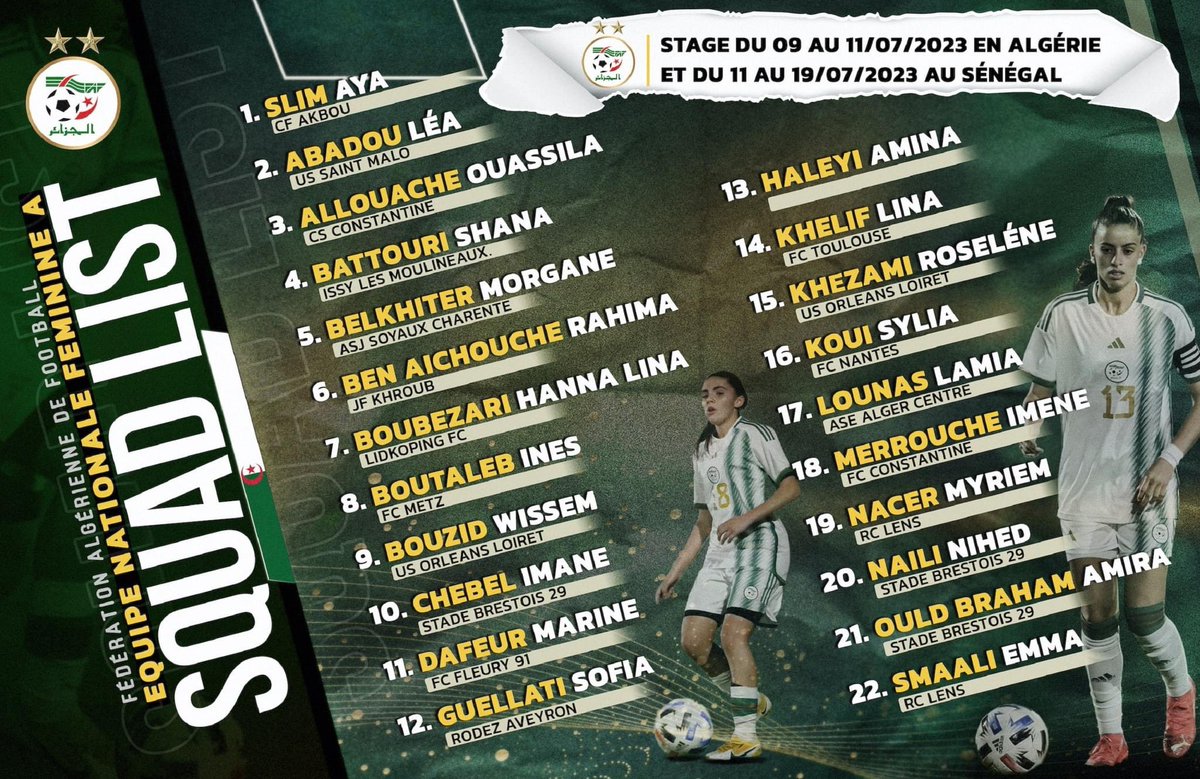 Lesvertes_dz's tweet photo. 📋 Liste des joueuses convoquées par le sélectionneur national Farid Benstiti pour les 2 matchs amicaux contre la Côte d’Ivoire 🇨🇮 et le Sénégal 🇸🇳
📋 قائمة اللاعبات المعنيات بالمبارتين الوديتين ضد كوت ديفوار 🇨🇮 و السنغال 🇸🇳
#LesVertes #TeamDZ #TeamALG https://t.co/22PSzYoHl8