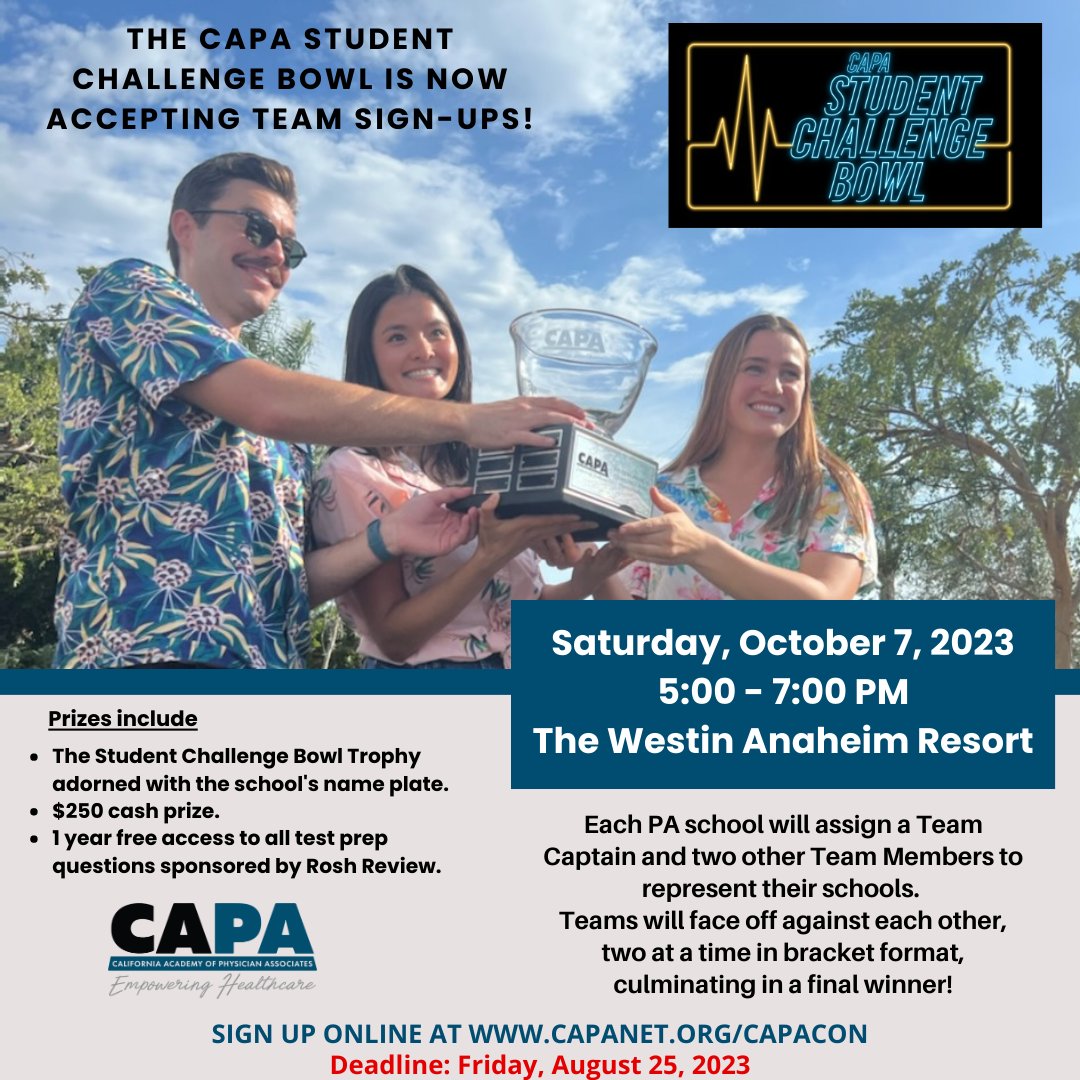 CAPASpeaks's tweet photo. PA Students: Sign up to compete in the 2023 CAPA Student Challenge Bowl! 
All students, family and friends are welcome to attend and cheer on the competing students and schools!
Who will take home the trophy? More info at https://t.co/1giV6ZBkdU https://t.co/bd0a4P4bjn