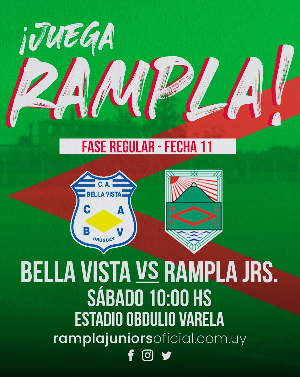 🏆 ENCUENTRO DE CAMPEONES

Dos clubes que tienen la copa de Campeón Uruguayo en sus vitrinas se vuelven a enfrentar luego de mucho tiempo.

<a href="/BellaVistaUY/">BELLA VISTA</a> 🆚️ Rampla Jrs.
🗓 Sábado
⏰️ 10:00
🏟 Obdulio Varela

#RamplaEsDeSuGente