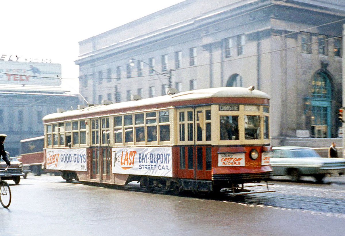 Witt #2894 was Toronto's last Bay-Dupont streetcar when it retired from regular service on Feb 28th, 1963. 

It was used for "Tour Tram" service during the 1970s &amp; was acquired by our museum in 1986.

Photo by Bill Thompson on Bay St. at Union Station.