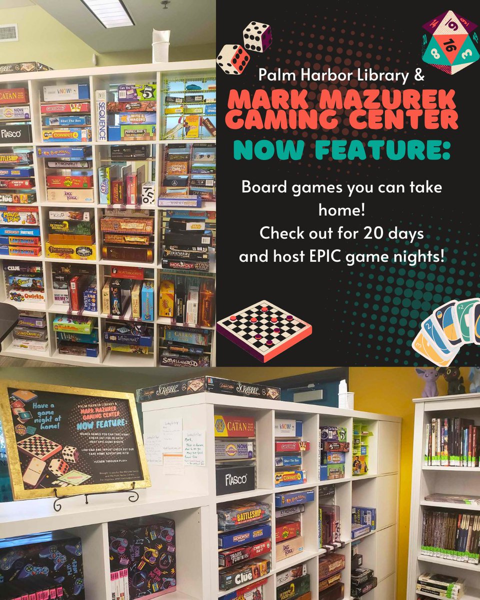 How AWESOME is this?! Board games to check out with your library card 😎 we also have Take Home Adventure Kits for those that love D&amp;D and TRPG!
#freefun #gameboard #gamingcenter #TampaBay #library