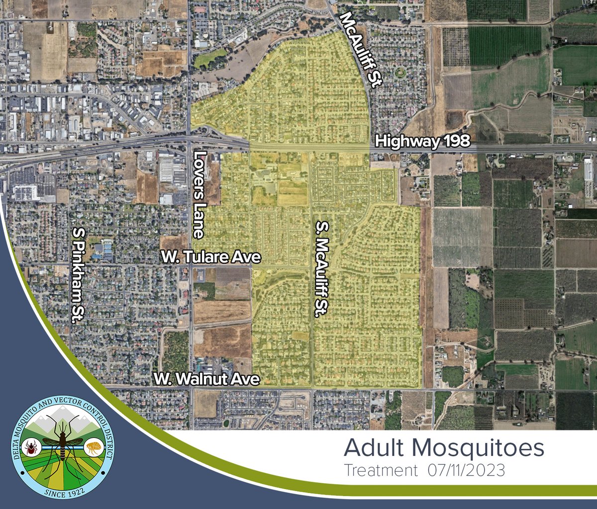 Due to high abundance of mosquitoes, &amp; WNV presence in mosquito samples, Delta Mosquito &amp; Vector Control District will continue treating adult mosquitoes by truck mounted ultra-low volume (ULV) application in East Visalia between the hours of 2am and 5am on Tuesday, July 11, '23.