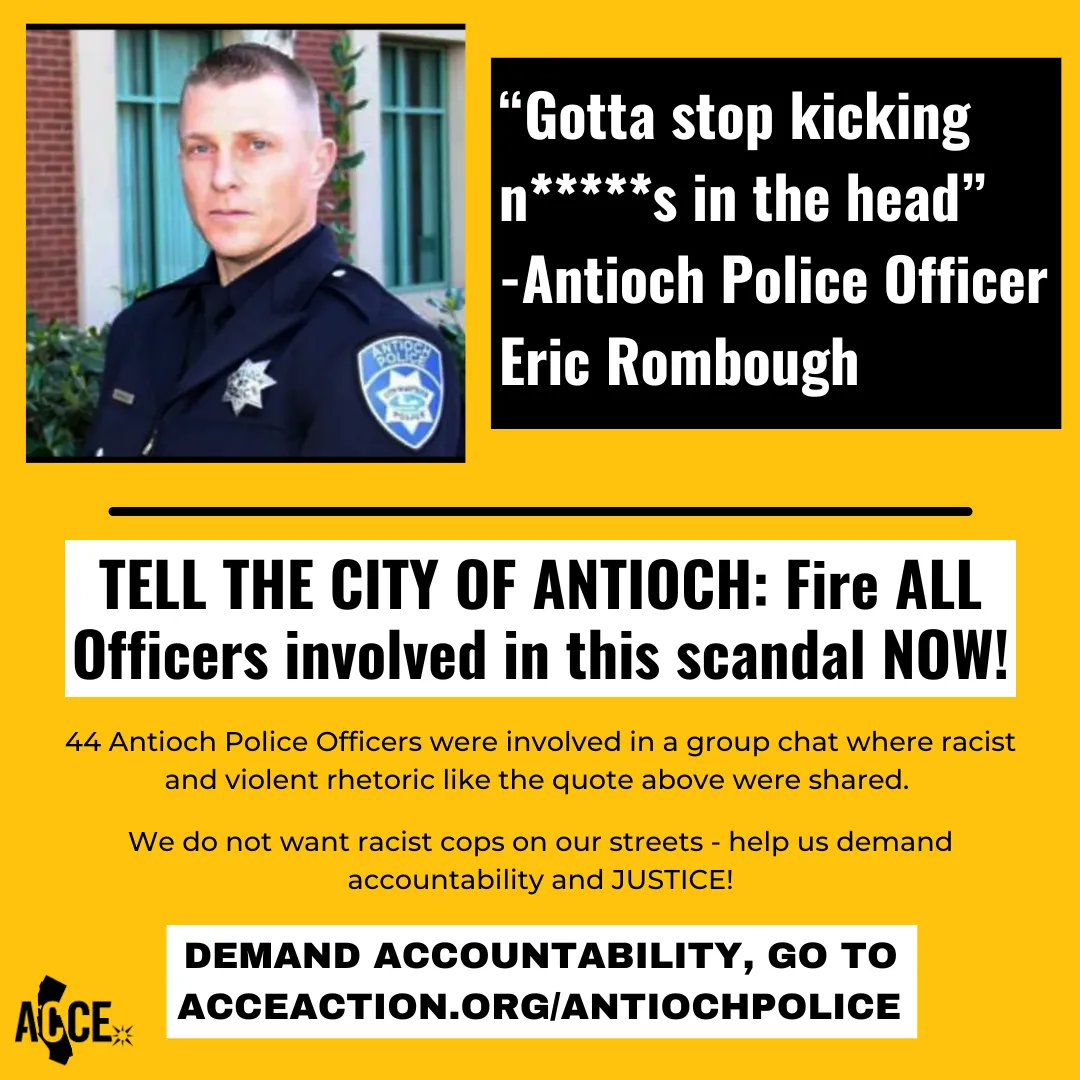 ANTIOCH ALERT 🚨 All 44 Antioch PD officers caught in the racist group chat are complicit to this kind of language &amp; should be held accountable!

@CityOfAntioch : Release the names &amp; FIRE ALL OFFICERS involved in this group chat! ✊

TAKE ACTION HERE ➡️  buff.ly/42relcb