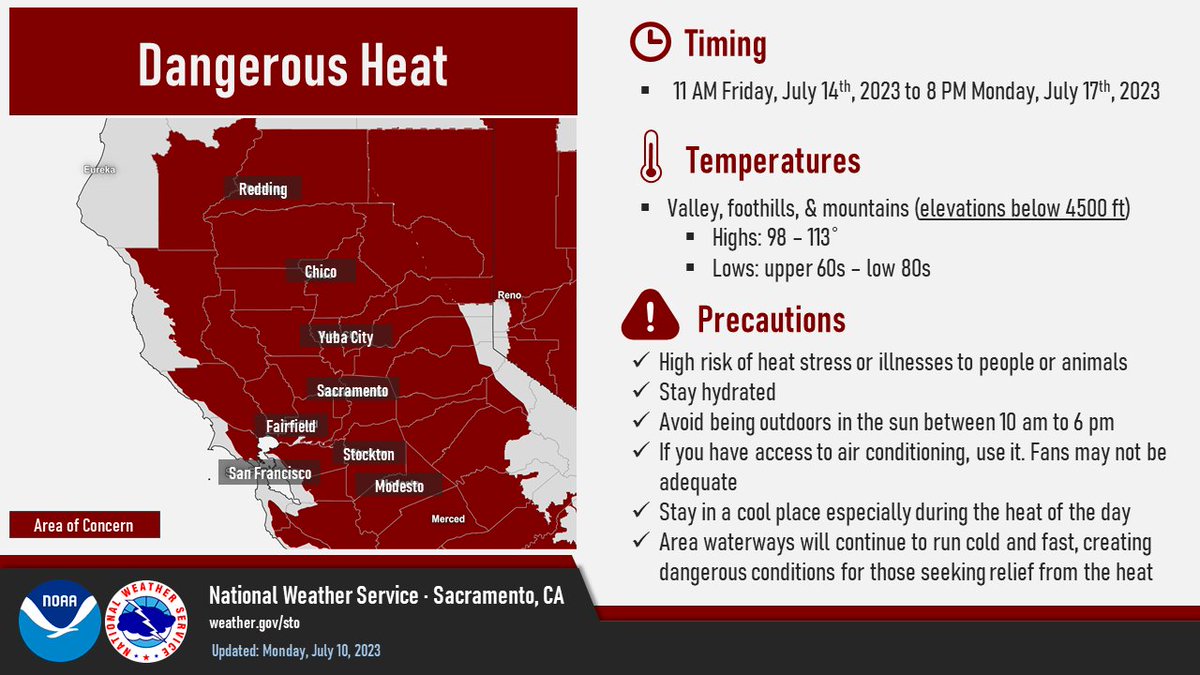 An Excessive Heat Watch is in effect from 11 AM Friday to 8 PM Monday for the Valley, foothills, and mountains at elevations below 4500 ft.

NOW is the time to prepare! Be sure to have a way to stay cool and hydrated this weekend!

#CAwx