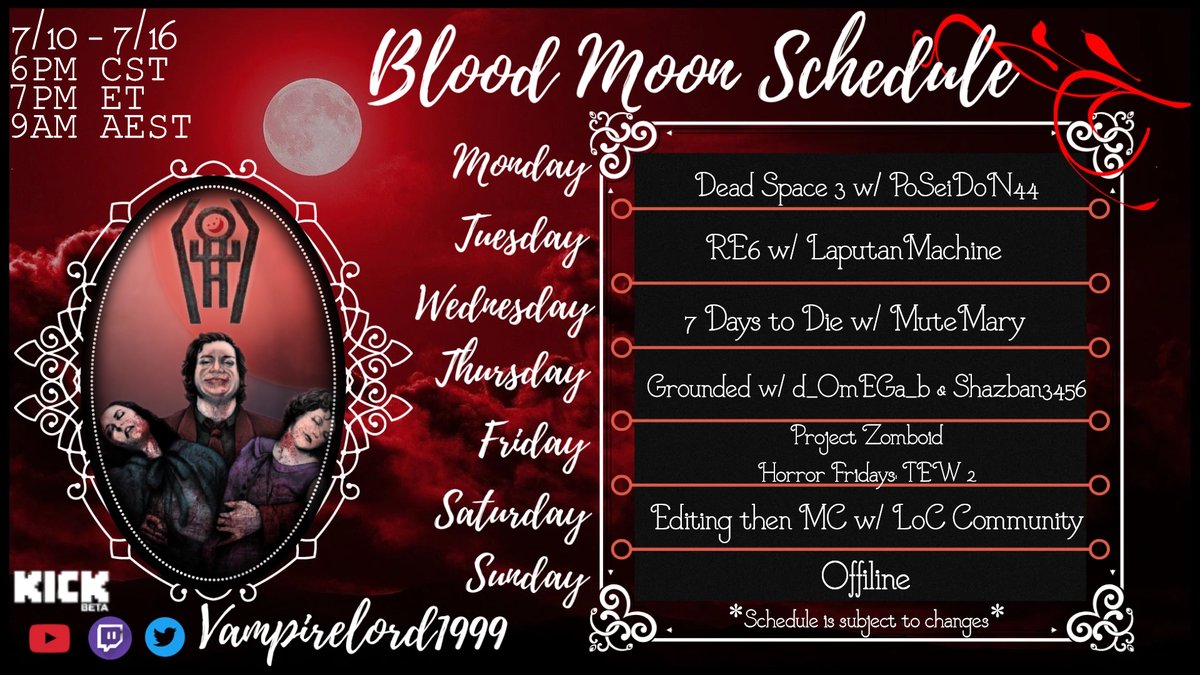 MarcelineSMoon's tweet photo. This weeks Blood Moons 7/10 - 7/16 ^,...,^
🎨Art tag: #.vampysartifice
🔞#.vampysfantasy
❤️YT: https://t.co/MtYfM4c2zv
💚Kick: https://t.co/pc89IIFO5g
#Vtuber #Vampire #KickStreaming #YouTube #twitch #ENVtuber #schedule #LabOfCreation #Live2D #VtuberUprising #VtubersEN #Vtubers https://t.co/Dw9jQL011B