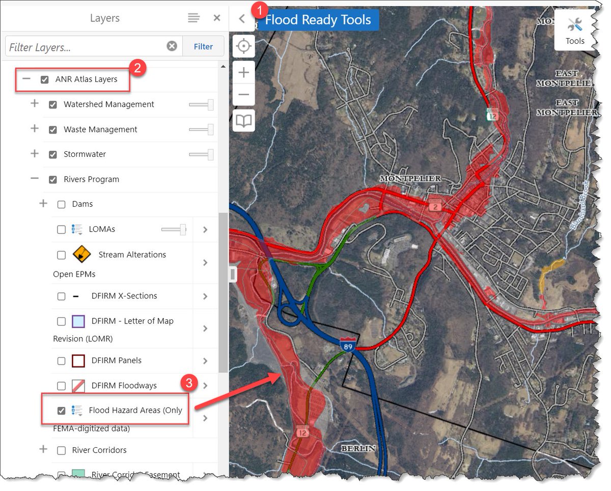 jarlathond's tweet photo. The Vermont Flood Ready Atlas is powerful, but data are buried. Here is how to find the Flood Hazard Areas. https://t.co/ojcTbZuqjH https://t.co/ZNwjNTABIY