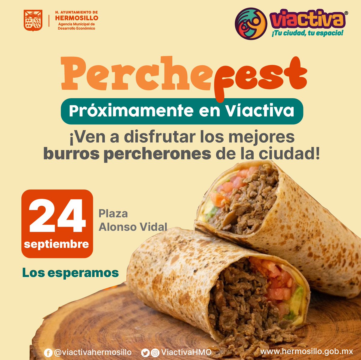 Turismohmo's tweet photo. ¡Llega el #PercheFest a Viactiva! 🌯🌯

Ven y disfruta de los mejores burros percherones este 24 de Septiembre en la Plaza Alonso Vidal 📍y vive una gran experiencia gastronómica 100% Sonorense 🤠

#Hermosillo #Víactiva #ConstruyendoComunidad #Tuciudadtuespacio https://t.co/iPDsSy6RGM
